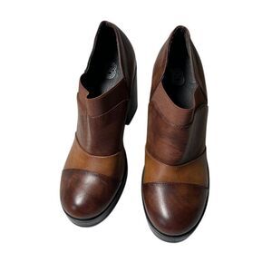 Brown Multi-Tone Leather Ankle Boots‎ Block Heel Slip-On Comfort Shoes Size 41